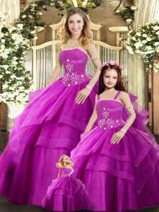 Latest Floor Length Lace Up Sweet 16 Dresses Fuchsia for Sweet 16 and Quinceanera with Beading