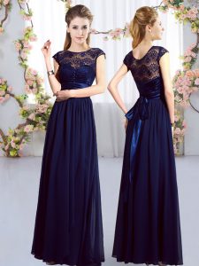 Elegant Floor Length Navy Blue Quinceanera Court of Honor Dress Chiffon Cap Sleeves Lace and Belt