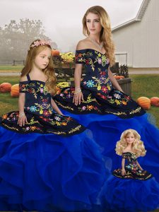 Custom Made Royal Blue Tulle Lace Up 15th Birthday Dress Sleeveless Floor Length Embroidery and Ruffles
