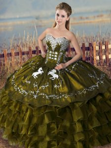 Attractive Embroidery and Ruffles 15th Birthday Dress Olive Green Lace Up Sleeveless Floor Length