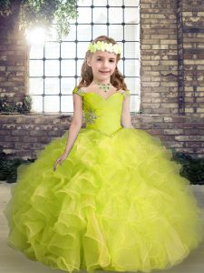  Beading and Ruffles Little Girl Pageant Gowns Yellow Green Lace Up Sleeveless Floor Length
