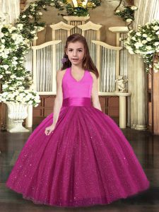  Fuchsia Sleeveless Tulle Lace Up Little Girls Pageant Dress for Party and Wedding Party