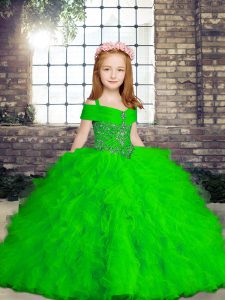 Low Price Green Ball Gowns Tulle Straps Sleeveless Beading and Ruffles Floor Length Lace Up Pageant Gowns For Girls