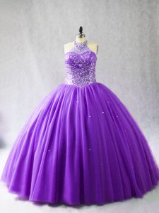  Floor Length Purple Quinceanera Dresses Tulle Sleeveless Beading