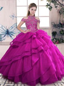 Edgy Organza High-neck Sleeveless Lace Up Beading and Ruffled Layers Quinceanera Dress in Fuchsia