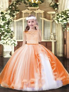 Latest Orange Sleeveless Tulle Zipper Kids Pageant Dress for Party and Sweet 16 and Wedding Party