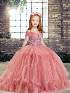 Latest Tulle Straps Sleeveless Lace Up Beading Child Pageant Dress in Watermelon Red