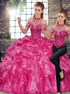 Fuchsia Organza Lace Up Halter Top Sleeveless Floor Length Quinceanera Dress Beading and Ruffles