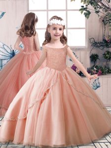 Beautiful Sleeveless Tulle Floor Length Lace Up Child Pageant Dress in Peach with Beading
