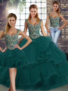 Unique Peacock Green Straps Lace Up Beading and Ruffles Quinceanera Dresses Sleeveless