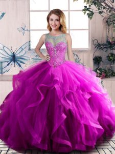  Purple Scoop Neckline Beading and Ruffles Quinceanera Dress Sleeveless Lace Up