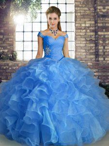  Sleeveless Floor Length Beading and Ruffles Lace Up 15 Quinceanera Dress with Blue