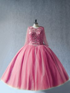 Low Price Long Sleeves Tulle Floor Length Lace Up Quince Ball Gowns in Pink with Beading