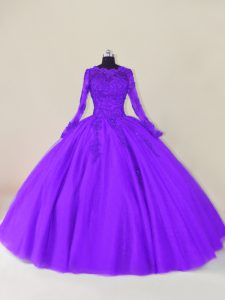 Fine Ball Gowns Quinceanera Gown Purple Scalloped Tulle Long Sleeves Floor Length Zipper