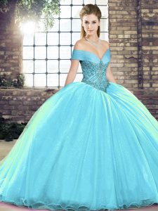 Ideal Off The Shoulder Sleeveless Brush Train Lace Up Quinceanera Gown Aqua Blue Organza