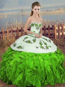  Sleeveless Floor Length Embroidery and Ruffles and Bowknot Lace Up Quinceanera Gown with Green