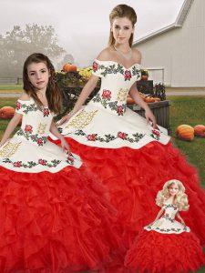 Fashionable White And Red Lace Up Ball Gown Prom Dress Embroidery and Ruffles Sleeveless Floor Length