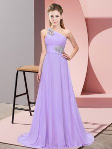 Wonderful Lavender Sleeveless Floor Length Beading Lace Up Homecoming Dress