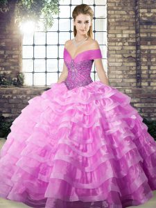 Sumptuous Lace Up Quinceanera Dresses Lilac for Military Ball and Sweet 16 and Quinceanera with Beading and Ruffled Layers Brush Train
