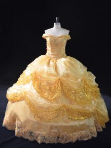 Cheap Gold Sweet 16 Quinceanera Dress Sweet 16 and Quinceanera with Beading and Pick Ups Off The Shoulder Sleeveless Lace Up