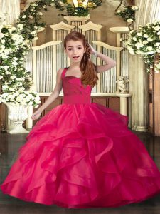  Coral Red Organza Lace Up Pageant Gowns For Girls Sleeveless Floor Length Ruffles and Ruching