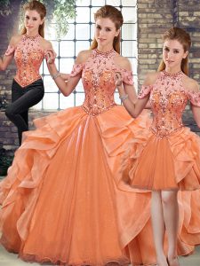 Adorable Orange Three Pieces Beading and Ruffles Sweet 16 Dresses Lace Up Organza Sleeveless Floor Length