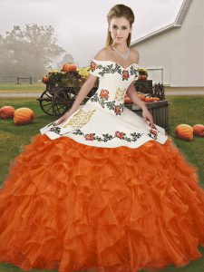 Gorgeous Off The Shoulder Sleeveless Lace Up Quince Ball Gowns Orange Red Organza