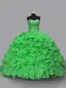 Edgy Green Organza Lace Up 15th Birthday Dress Sleeveless Floor Length Beading and Ruffles