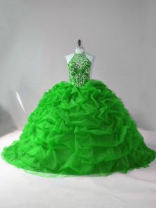  Court Train Ball Gowns Ball Gown Prom Dress Green Halter Top Organza Sleeveless Lace Up