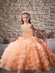 Exquisite Orange Ball Gowns Beading and Ruffled Layers Child Pageant Dress Lace Up Organza Sleeveless