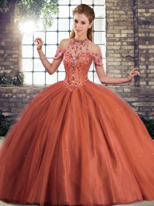 Edgy Rust Red Quinceanera Dresses Tulle Brush Train Sleeveless Beading