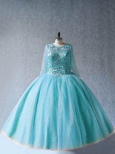 Traditional Beading 15th Birthday Dress Aqua Blue Lace Up Long Sleeves Floor Length