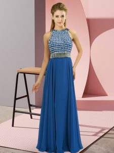 Sumptuous Blue Side Zipper Evening Dress Beading Sleeveless Floor Length