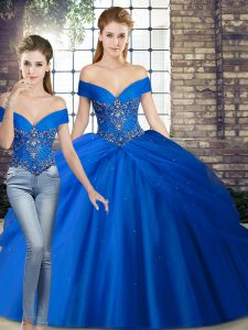 Tulle Off The Shoulder Sleeveless Brush Train Lace Up Beading and Pick Ups Sweet 16 Quinceanera Dress in Royal Blue