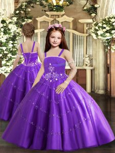 Superior Purple Tulle Lace Up Straps Sleeveless Floor Length Pageant Gowns For Girls Beading and Ruffled Layers