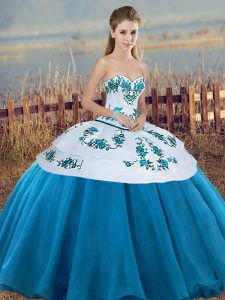 Superior Blue And White Sleeveless Tulle Lace Up Quinceanera Dresses for Military Ball and Sweet 16 and Quinceanera
