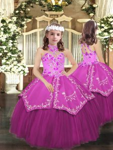 Affordable Floor Length Lilac Little Girls Pageant Dress Tulle Sleeveless Embroidery