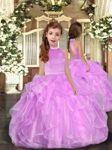  Lilac Sleeveless Floor Length Beading and Ruffles Backless Kids Formal Wear