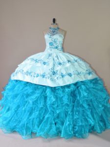  Lace Up Quinceanera Gown Aqua Blue for Sweet 16 and Quinceanera with Embroidery and Ruffles Court Train