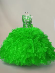 New Style Scoop Sleeveless Quinceanera Dress Floor Length Ruffles and Sequins Organza
