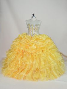 Great Floor Length Yellow Quinceanera Gown Organza Sleeveless Beading and Ruffles
