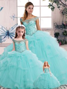 Classical Off The Shoulder Sleeveless Lace Up Sweet 16 Dress Aqua Blue Tulle