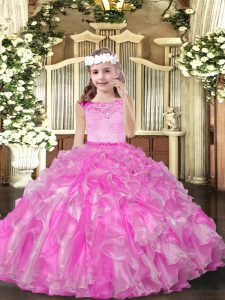 Fancy Floor Length Lilac Kids Formal Wear Organza Sleeveless Beading and Ruffles