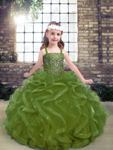 Best Olive Green Ball Gowns Organza Straps Sleeveless Beading and Ruffles Floor Length Lace Up Little Girls Pageant Dress Wholesale