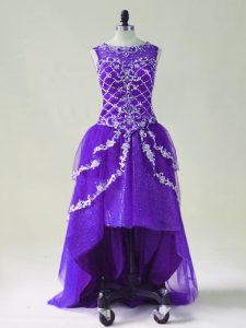  Purple Prom Gown Prom and Party with Beading and Appliques Scoop Sleeveless Zipper