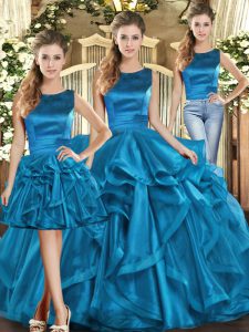  Floor Length Lace Up 15 Quinceanera Dress Teal for Military Ball and Sweet 16 and Quinceanera with Ruffles