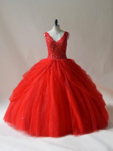 Red Sleeveless Floor Length Beading Zipper Sweet 16 Dress