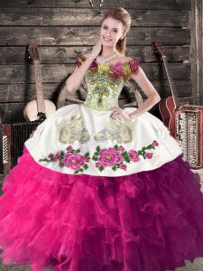 Fashion Fuchsia Sleeveless Embroidery and Ruffles Floor Length Quinceanera Gowns