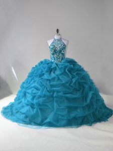 Designer Teal 15th Birthday Dress Sweet 16 and Quinceanera with Beading and Pick Ups Halter Top Sleeveless Lace Up