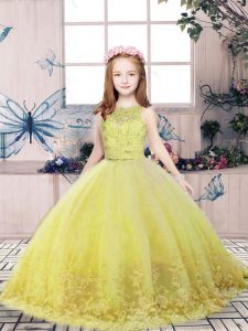  Yellow Green Ball Gowns Tulle Scoop Sleeveless Lace and Appliques Floor Length Backless Little Girls Pageant Dress